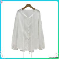 ราคา Chili Koko เสื้อเชิ้ตผู้หญิงสีดำ คอวีแถวกระดุม สไตล์ฝรั่งเศส แขนพอง ดีไซน์ผูกด้านหลัง เนื้อผ้าลายทางแนวตั้ง แขนยาว w679 (27694494641)