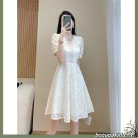 ราคา เดรสสาวอวบ ชุดไปงานบวช เอวแขนสั้นสีขาวหรูหราฤดูร้อน V neck คนดังอารมณ์ 2024 บางใหม่ผู้หญิง A line ชุดลูกไม้ (27678122777)