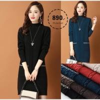 ราคา 12454B เดรสคอปีน เดรสไหมพรมแขนยาวแต่งกระเป๋าคู่ (46650569294)