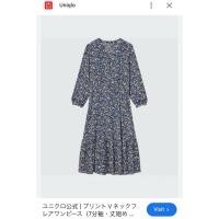 ราคา เดรสยาว คอวี กระดุมหน้า มีเขือกผูกเอว ผ้าเรย่อน สีฟ้า Uniqlo Printed V Neck 3 4 Sleeve Flare Dress (51458189860)
