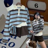 ราคา bluebrown stripe polo top เสื้อคอปก แขนยาว ลายริ้รสลับสีน้ำตาลฟ้า แต่งกุ๊นขอบครีมที่ปกเสื้อ แต่งปักอักษรน่ารักลืม (49704409769)