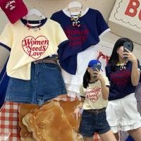 ราคา women 3d t shirt เสื้อยืดคอกลม แขนสั้น กุ๊นขอบดำและน้ำเงิน ที่คอและปลายแขน เนื้อผ้านุ่ม ทรงสวย แต่งอักษรแบบ3d (56956128550)