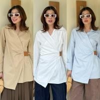 ราคา พร้อมส่ง 25461 NEW ARRIVAL STUDIOX2 Draped Cotton Shirt White Leather Patch Detail 590 เสื้อเชิ้ตทรงwrap คอปก (42018045085)