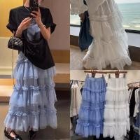 ราคา งานนำเข้า พร้อมส่ง กระโปรงยาวระบายผ้าmesh ลุคเกาหลี เอวยางยืดขอบตามสี mo studio (28735721479)