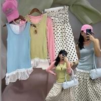 ราคา summer knit tank top เสื้อกล้ามไหมพรม ผ้าร่อง แขนกุด ผ้านุ่ม ไม่หนามาก ใส่ summer ได้เลย ชายแต่งผ้าตัดต่อลูกไม้ซีทรู (56408205536)