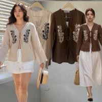 ราคา พร้อมส่ง New embroidery linen top 490 mo studio เสื้อเเขนยาว ผูกโบว์หน้าผ้าลินินปักลายสองฝั่ง งานนำเข้า (43129751611)