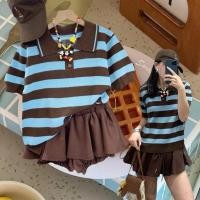 ราคา bluebrown polo stripe top เสื้อไหมพรมแบบฉลุริ้วฟ้าน้ำตาลคอปกแขนสั้น brown balloon skirt กระโปรงบอลลูนทรงกางเกงกระโปรง (52306434431)