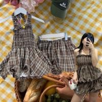 ราคา plaid set set เสื้อปลาย balloon ช่วงตัวเป็นสม็อคทั่วตัว คอคล้องผูก มาพร้อมกางเกงทรง balloon boxer เข้าาเซ็ท น่ารักเลย (47954988529)