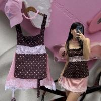 ราคา polkadot lace sq top เสื้อคอเหลี่ยม ลายจุด polkadot สีชมพู ตัดน้ำตาล ผ้าเรย่อนแบบหนา แต่งผ้าลูกไม้ชมพูที่ช่วงตัว (44479894367)