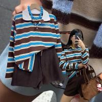 ราคา polo stripe top เสื้อคอปก ทรง polo แขนยาว ลายริ้วน้ำตาลฟ้า แต่งปกสีขาว น่ารักมาก ทรงสวยเลย mix and match ง่าย (43928176777)