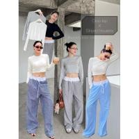ราคา พร้อมส่ง Crop top เสื้อครอปแขนยาว I m stripped trousers กางเกงขายาวเอวสูงแต่งขอบเอวสีขาวเชือกรูดเอว glamclothes (29603981258)