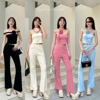 ราคา ? ? ? ? ? ? ? ? ? ? Rosé set 430 ฟรีส่ง เซ็ตเสื้อเกาะอก แมทช์คู่กางเกงขายาว เสื้อเย็บสายด้านหลัง เข็มกลัดติดดอกไม้ on season (19279952771)