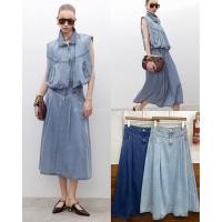 ราคา พร้อมส่ง 9020 New Arrival MAXI A LINE DENIM SKIRT กระโปรงยีนส์ทรงเอาดีเทลจับจีบหน้า ทรงแมกซี่ กระดุมซิปหน้า studiox2 (43658248951)