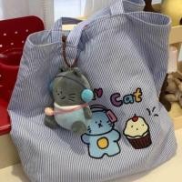 ราคา Girl Heart Commuter Blue Vertical Stripes Pudding Cat All Match Casual Shoulder Canvas Bag Tote Bag Student School Bag (45556862926)