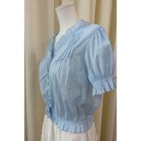 ราคา สไตล์อ่อนโยนคอวีสีฟ้าชีฟองเสื้อแขนสั้น สำหรับผู้หญิงฤดูร้อน พัฟแขนลายแนวตั้ง ทำให้ผอมลง (51809138743)