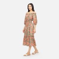 ราคา Sarung Lasem Cotton Smock Waist Shoulder Dress Green Orange (41968300636)