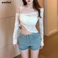ราคา ไหล่ยิ้มด้านบน ลูกไม้ออกแบบแขนยาวลูกไม้ทีเสื้อ สไตล์หวานอสมมาตรออกแบบสไตล์วินเทจสลิมฟิตเสื้อแขนบานแฟชั่นฤดูร้อน (54507795465)