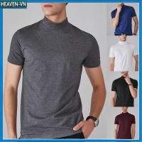 ราคา ผลิตภัณฑ์ใหม่ Men Half High Collar Short Sleeve Casual T shirts Slim Fit Solid Tops Base Shirt (52658044883)