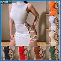 ราคา ผลิตภัณฑ์ใหม่ ผู้หญิงคอเต่าแขนกุด Slim Tank Slit Dress Bandage Hollow Out ชุดเดรสยาว (47958070852)