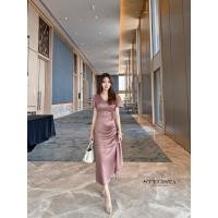 ราคา เดรสออกงานทรงสวย แขนตุ๊กตาน่ารักๆ คอวี ช่วงล่างจับจีบย่นสวยมาก แต่งดอกไม้ข้างเอว (40128889609)
