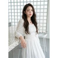 ราคา เดรสแขนยาวคอกว้าง ผ้าใส่สบายทรงสวย แต่งฉลุทั้งชุด (45707044545)