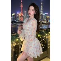 ราคา เดรสกระโปรงคอวี แขนยาวปลายแขนทรงกระดิ่งบาน มีบลาในตัว พิมพ์ลายดอกไม้ (27937769113)