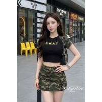 ราคา Set 2 ชิ้น เสื้อยืดครอป ช่วงแขนแต่งผ้าลายทหาร เข้ารูป กระโปรงยีนส์ลายทหารเอวแต่งสายเข็มขัดรูด มีกางเกงขาสั้นด้านใน (44657722312)