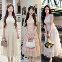 ราคา เดรสแขนกุดทรงเข้ารูปช่วงบนแล้วบานออกช่วงกระโปรง เนื้อผ้าลูกไม้ปักลายดอกไม้ทั้งตัว เพิ่มมิติด้วยเลเยอร์ผ้าซีทรูทับด้านนอก (46309338317)