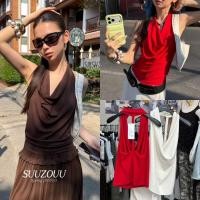 ราคา SU135 เสื้อแขนกุด ทรงคอถ่วง ด้านหลัง โชว์หลัง แต่งผ้าถักเป็นเปีย แฟชั่นเกาหลี TAG MM Fish (48107878422)