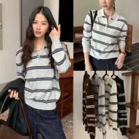 ราคา W7245 เสื้อแขนยาวคอปก ลายขวาง ผ้าทอเนื้อนิ่ม ยืดหยุ่นได้ดี ใส่สบาย แฟชั่นเกาหลี TAG WG WE (40873472741)