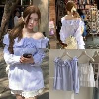 ราคา 7818 เสื้อปาดไหล่ ลายทาง ทรงโอเวอร์ไซส์ แขนยาว แฟชั่นเกาหลี TAG KOREA (27932048269)