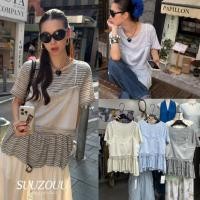 ราคา SU187 เสื้อยืดแขนสั้นคอกลมลายขวาง ชายระบาย แต่งอีกชั้นตัวนอกเป็นสายเดี่ยว แฟชั่นเกาหลี TAG MM Fish (44509140294)