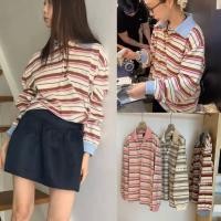 ราคา W7024 เสื้อแขนยาว คอปก ลายขวาง แต่งสลับสี ผ้าดีใส่สบาย แฟชั่นเกาหลี TAG WG WE (41068817616)