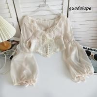 ราคา GUADALUPE1 เสื้อชีฟองลูกไม้เร้าใจ ตาข่ายลูกไม้เสื้อชีฟอง Elegant Patchworkพัฟแขนเสื้อแขนยาวVคอLace Upเสื้อวันหยุด (57908199010)