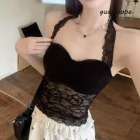 ราคา GUADALUPE1 เสื้อลูกไม้ Laced Up Hollow Lace Corset Elegant Ruffled แขวนคอ Slim Fit เสื้อครอปโปร่งใสฤดูใบไม้ผลิฤดูร้อน (57059036936)