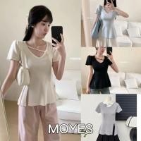 ราคา MOYES พร้อมส่ง ใหม่ฝรั่งเศสสามมิติดอกไม้คอวีถักเสื้อยืดร่องผิดปกติ (26672147229)