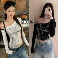 ราคา MOYES เสื้อยืดแขนยาวสีขาวสไตล์อเมริกัน ดีไซน์เซ็กซี่ เปิดไหล่ พิมพ์ลาย ทรงเข้ารูป เสื้อเปิดไหล่สุดเซ็กซี่ (44957476097)