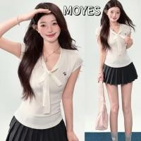 ราคา MOYES พร้อมส่ง เสื้อยืดคอวีแขนสั้นสีขาวผูกโบว์ไหล่ตรงสไตล์เกาหลีเสื้อเอวเข้ารูปสำหรับผู้หญิงในช่วงฤดูร้อน (42366372580)