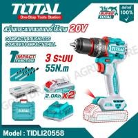 ราคา TOTAL สว่านกระแทกแบตเตอรี่ไร้สาย 20V 55N รุ่น TIDLI20558 TIDLI205581 Brushless Cordless Impact Drill (27523185400)