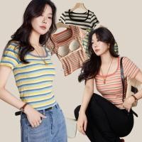 ราคา WsimpleBra Duga Top Shirt เสื้อยืดแขนสั้น คอยู ลายขวาง มีบราในตัว เลิกใส่ชุดชั้นในและซิลิโคลปิดจุก (29629717751)