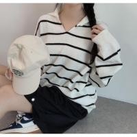 ราคา 7253 เสื้อไหมพรมสีขาวครีมลายทางดำ (49553534969)