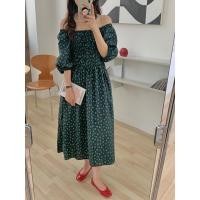 ราคา 8345 เดรสสีดำยาวลายดอกไม้สีเขียว (20675076743)