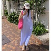 ราคา 5173 เดรสยาวแขนกุดลายทางสีฟ้าขาว (18783656450)