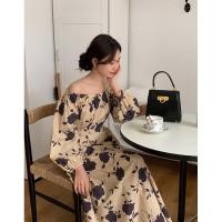 ราคา 8356 เดรสยาวสีน้ำตาลลายดอกไม้สีดำ (21475729425)