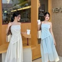 ราคา M409 เดรสยาวสายเดี่ยวดีไซน์ด้านหน้า2 ชั้น มีซับใน สาบปรับได้ เดรสทะเล (26632052719)