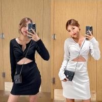 ราคา M74 เดรสสั้นแขนยาวเว้าเอวคอวีเรียบๆสวยปัง (18051619399)