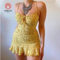 ราคา มินิเดรสแขนกุด ลายพิมพ์ดอกไม้และรัฟเฟิล เหมาะสำหรับใส่ที่ชายหาดหรือในหน้าร้อน (54609049714)
