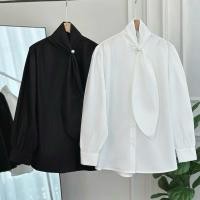 ราคา พร้อมส่ง GMG เสื้อแขนยาว ผ้าคอตตอนพรีเมี่ยม เสื้อคอปกกระดุมมุก แขนพอง แต่งดีเทลเนคไท (41501828505)