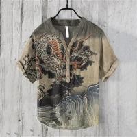 ราคา เสื้อโปโลผู้ชายแขนสั้นเลียนแบบผ้าลินินเสื้อโปโลพิมพ์จีนย้อนยุคมังกรอุกิโยะทาสีฮาวายเสื้อผ้าลําลอง 5XEC (48754921269)