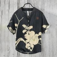 ราคา เสื้อแขนสั้นผู้ชาย ลายพิมพ์สไตล์ยุโรป อเมริกา คอวี ผ้าลินิน ไซส์ใหญ่ (41174940240)